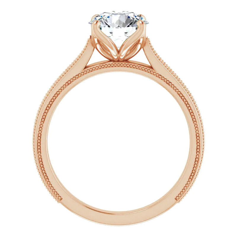 Round Vintage-Style Engraved Solitaire Ring with Tulip Prongs