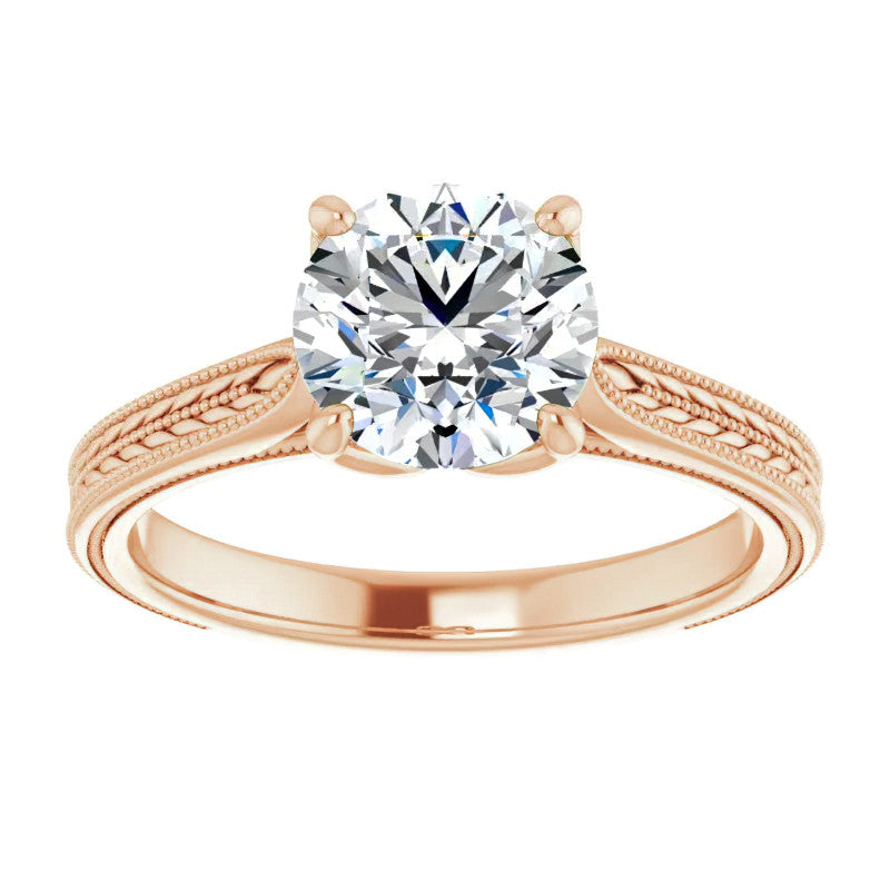 Round Vintage-Style Engraved Solitaire Ring with Tulip Prongs