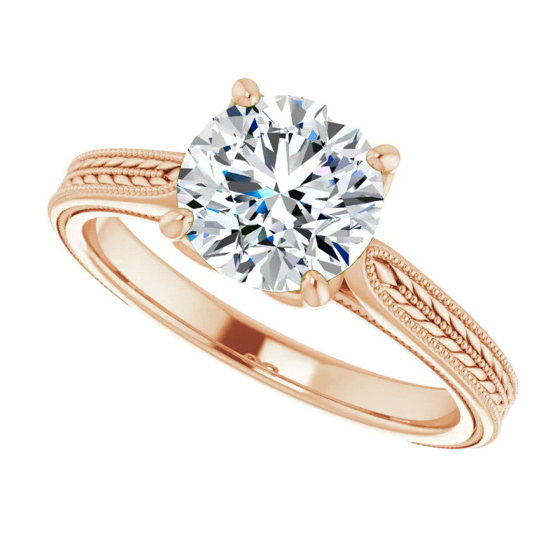 Round Vintage-Style Engraved Solitaire Ring with Tulip Prongs