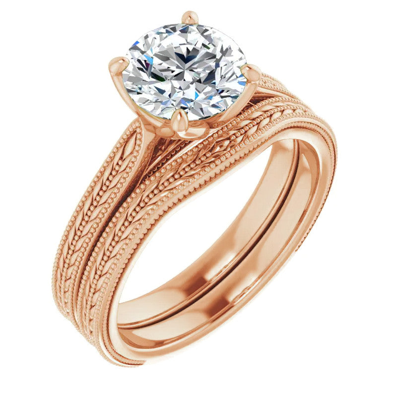Round Vintage-Style Engraved Solitaire Ring with Tulip Prongs