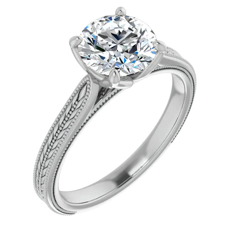 Round Vintage-Style Engraved Solitaire Ring with Tulip Prongs