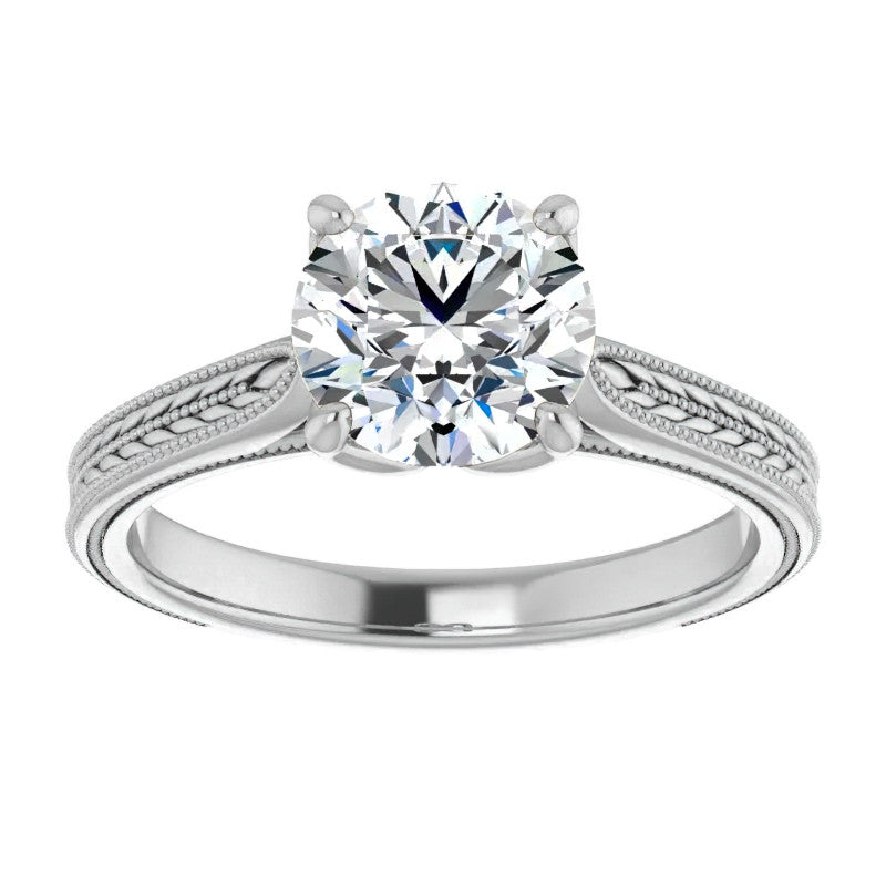 Round Vintage-Style Engraved Solitaire Ring with Tulip Prongs