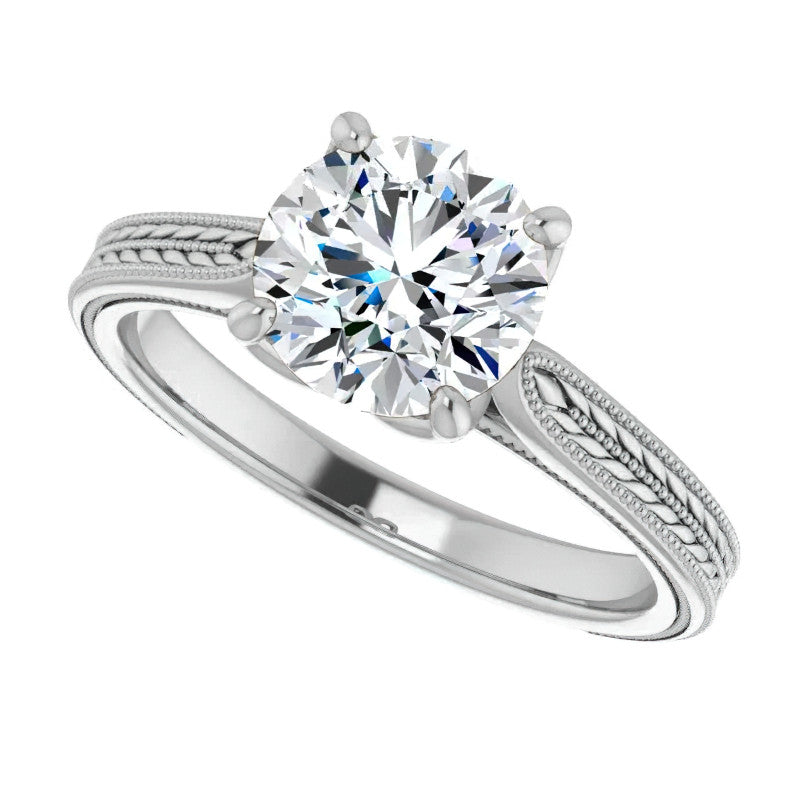 Round Vintage-Style Engraved Solitaire Ring with Tulip Prongs