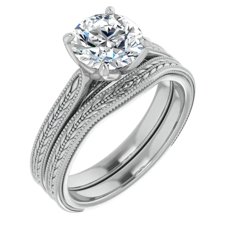 Round Vintage-Style Engraved Solitaire Ring with Tulip Prongs