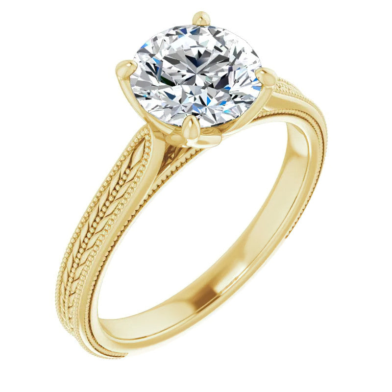 Round Vintage-Style Engraved Solitaire Ring with Tulip Prongs