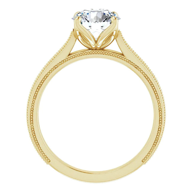 Round Vintage-Style Engraved Solitaire Ring with Tulip Prongs