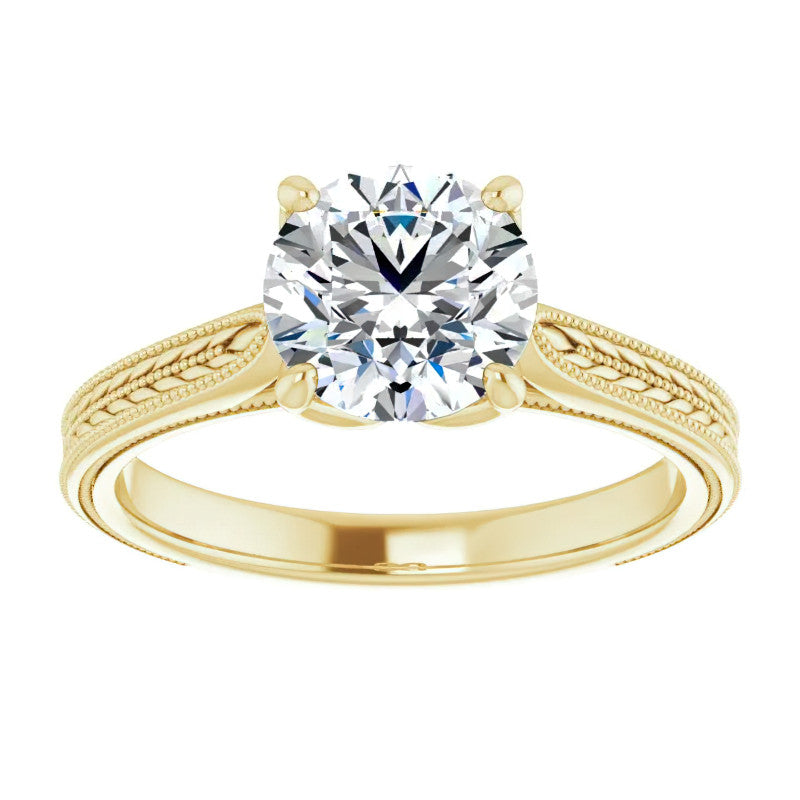 Round Vintage-Style Engraved Solitaire Ring with Tulip Prongs