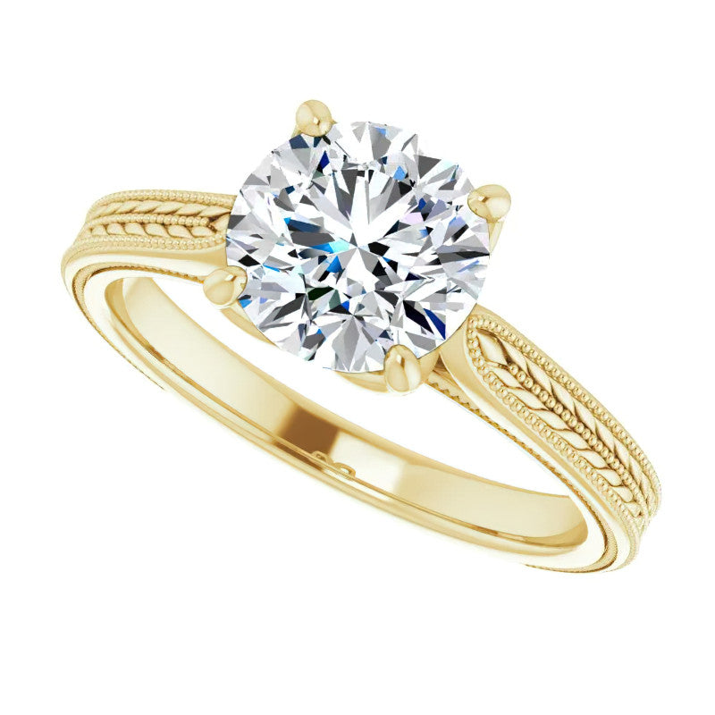 Round Vintage-Style Engraved Solitaire Ring with Tulip Prongs