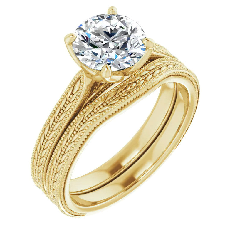 Round Vintage-Style Engraved Solitaire Ring with Tulip Prongs