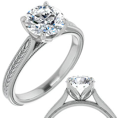 Round Vintage-Style Engraved Solitaire Ring with Tulip Prongs