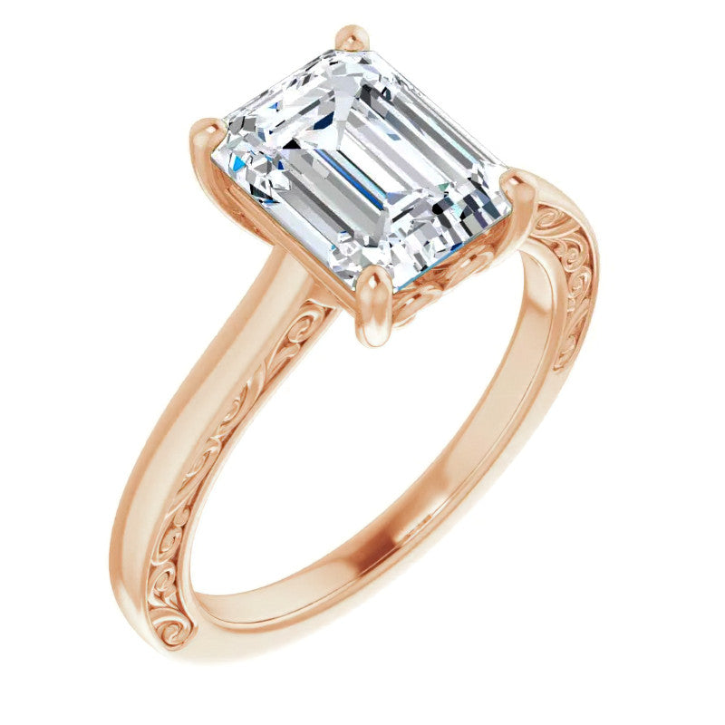 Emerald / Radiant cut Scroll Accented Engagement Ring