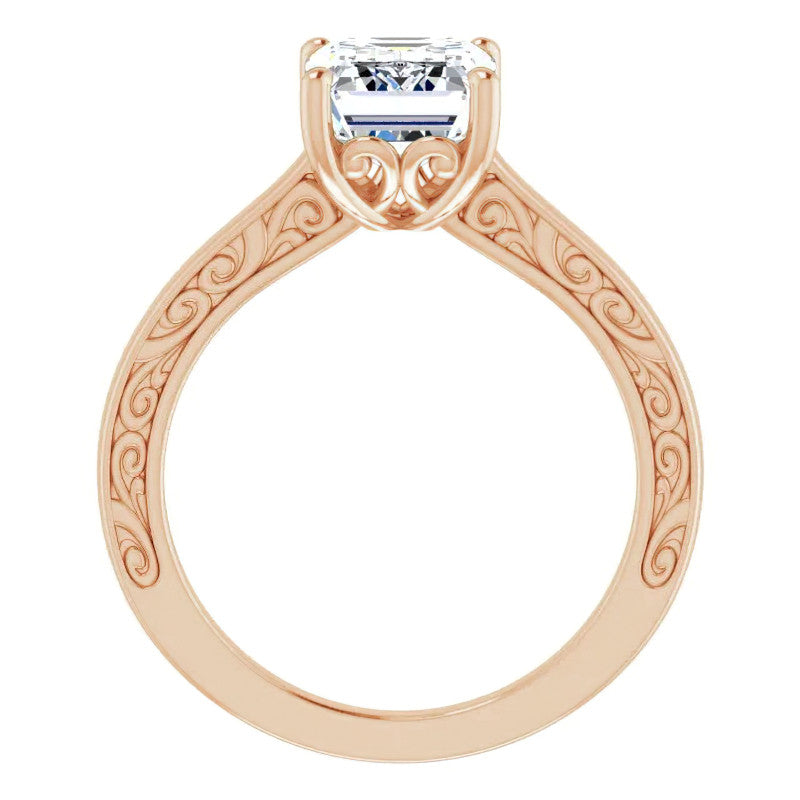 Emerald / Radiant cut Scroll Accented Engagement Ring