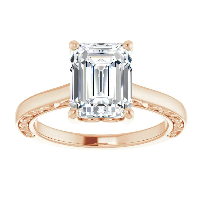 Emerald / Radiant cut Scroll Accented Engagement Ring