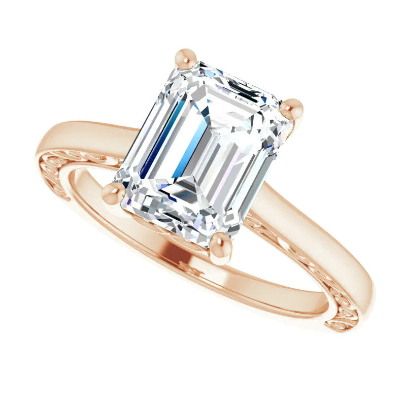 Emerald / Radiant cut Scroll Accented Engagement Ring
