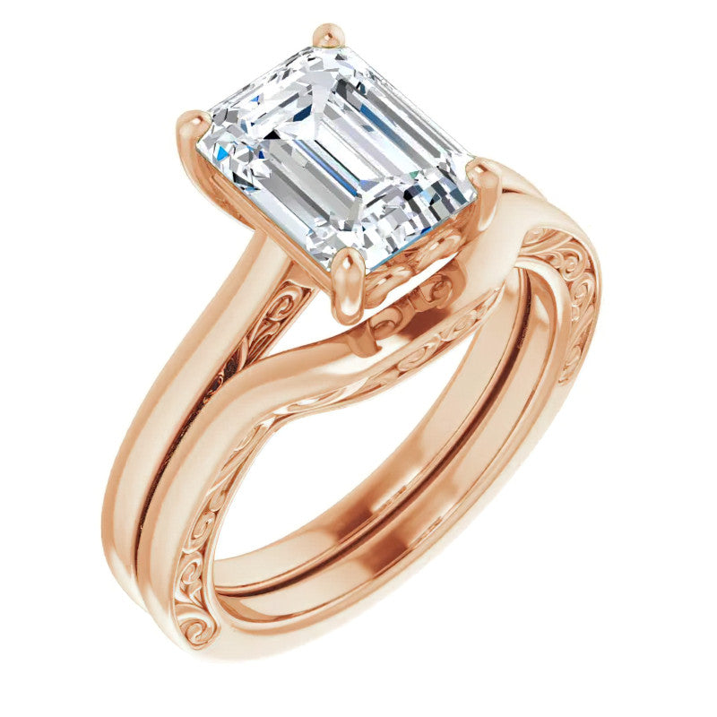 Emerald / Radiant cut Scroll Accented Engagement Ring