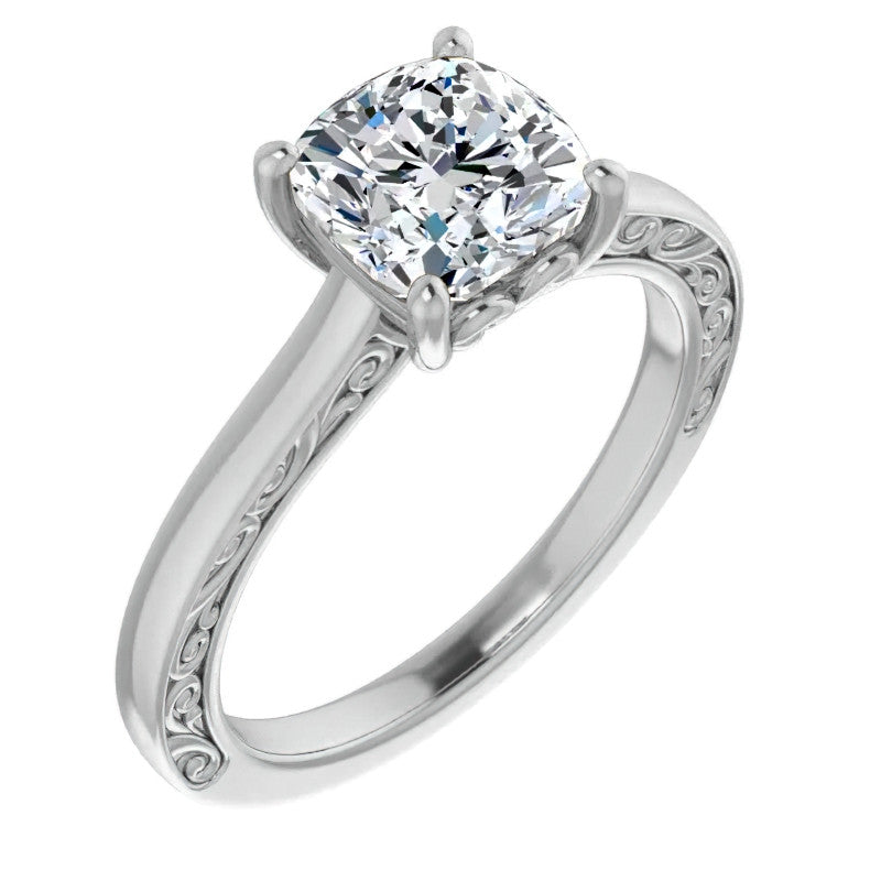 Cushion Moissanite Scroll Accented Engagement Ring