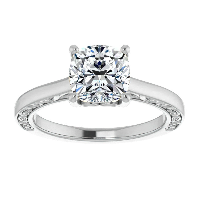 Cushion Moissanite Scroll Accented Engagement Ring