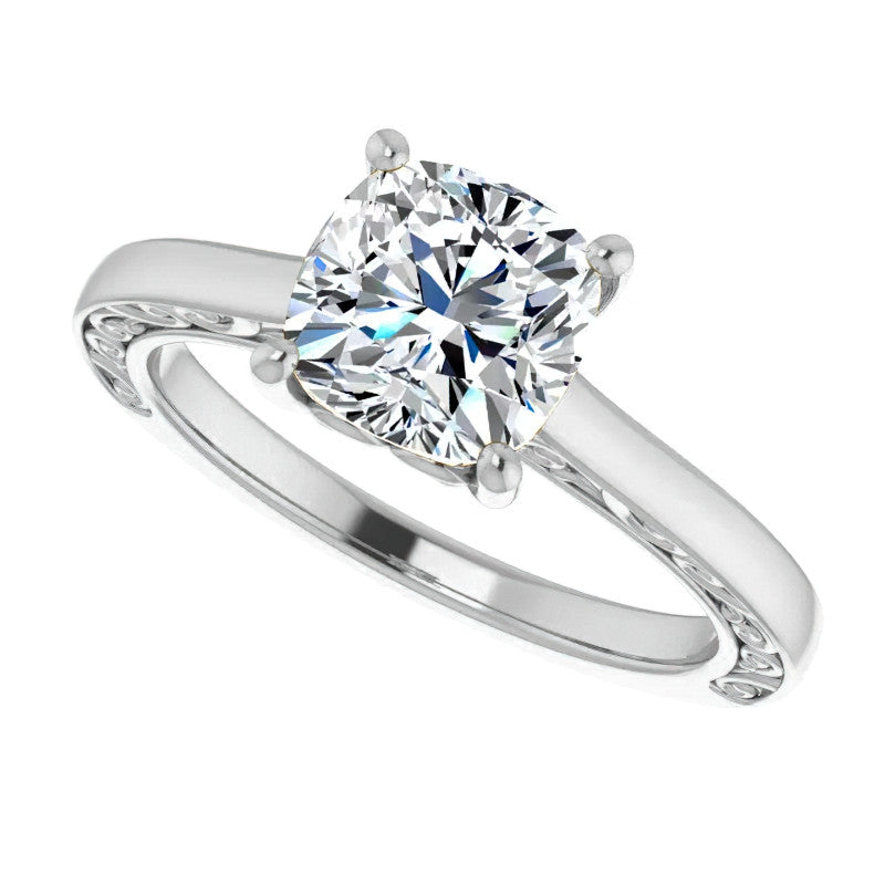 Cushion Moissanite Scroll Accented Engagement Ring