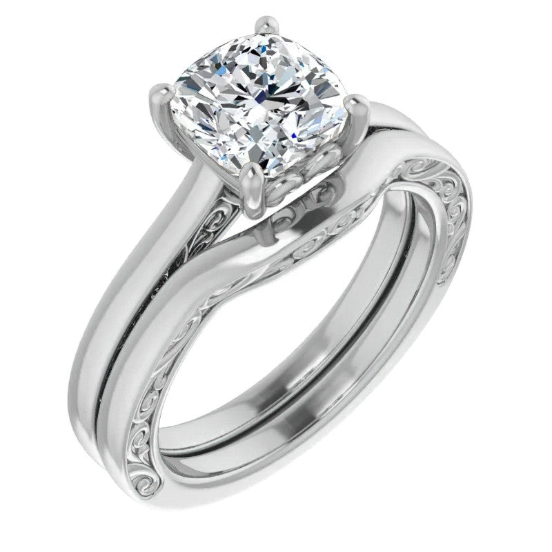 Cushion Moissanite Scroll Accented Engagement Ring