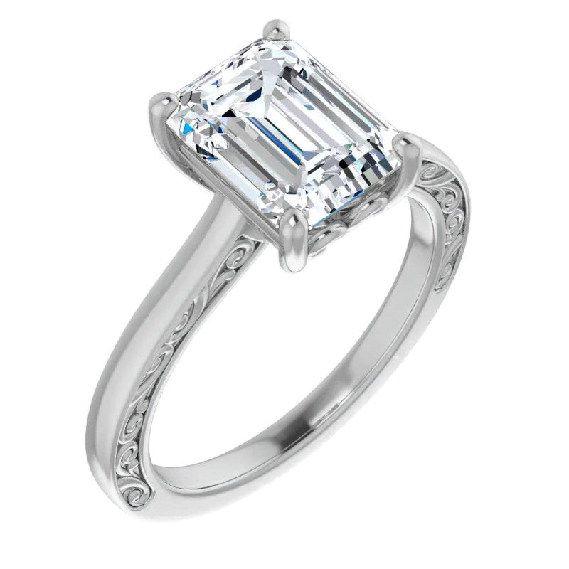 Emerald / Radiant cut Scroll Accented Engagement Ring