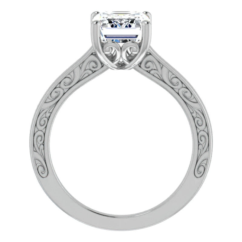 Emerald / Radiant cut Scroll Accented Engagement Ring