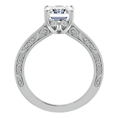 Emerald / Radiant cut Scroll Accented Engagement Ring