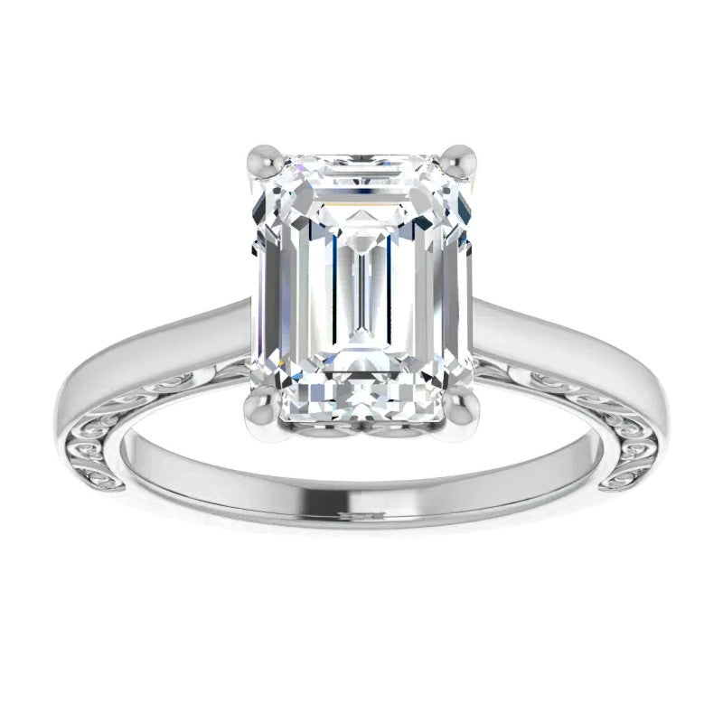 Emerald / Radiant cut Scroll Accented Engagement Ring