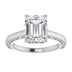 Emerald / Radiant cut Scroll Accented Engagement Ring