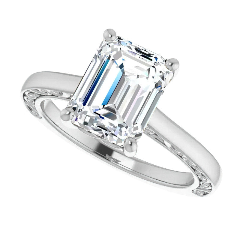 Emerald / Radiant cut Scroll Accented Engagement Ring