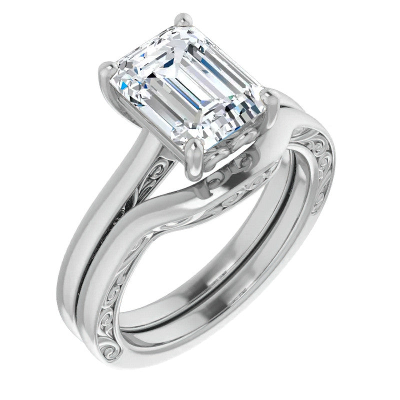 Emerald / Radiant cut Scroll Accented Engagement Ring