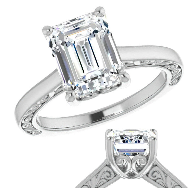 Emerald / Radiant cut Scroll Accented Engagement Ring