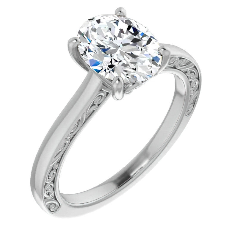 Oval Moissanite Scroll Accented Engagement Ring