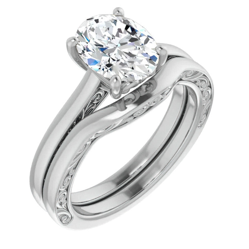 Oval Moissanite Scroll Accented Engagement Ring