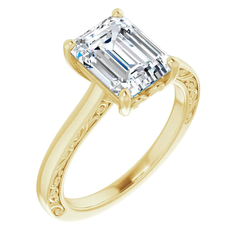 Emerald / Radiant cut Scroll Accented Engagement Ring