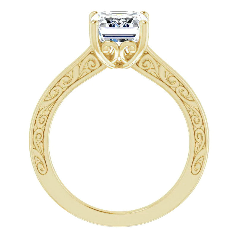 Emerald / Radiant cut Scroll Accented Engagement Ring