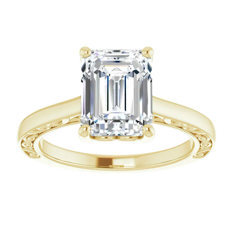 Emerald / Radiant cut Scroll Accented Engagement Ring