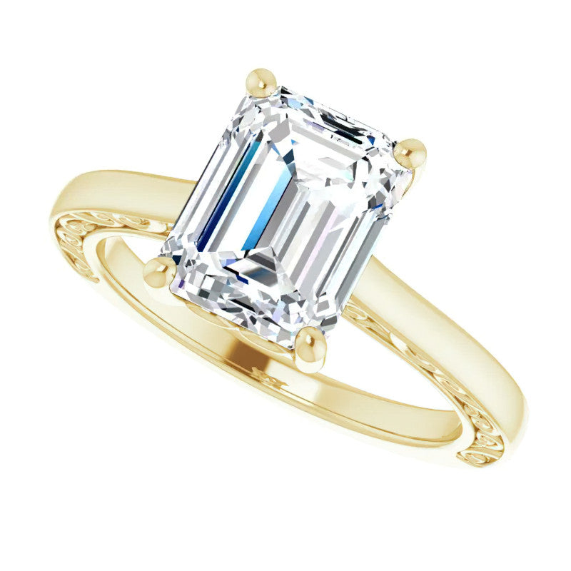 Emerald / Radiant cut Scroll Accented Engagement Ring