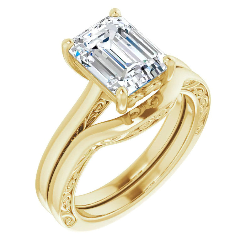 Emerald / Radiant cut Scroll Accented Engagement Ring