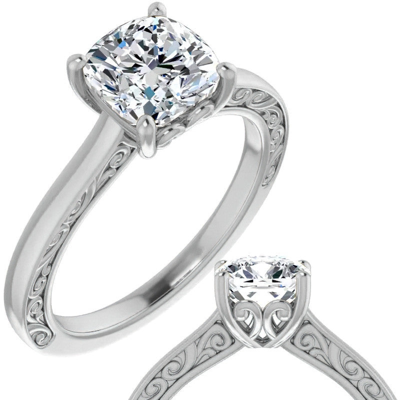 Cushion Moissanite Scroll Accented Engagement Ring