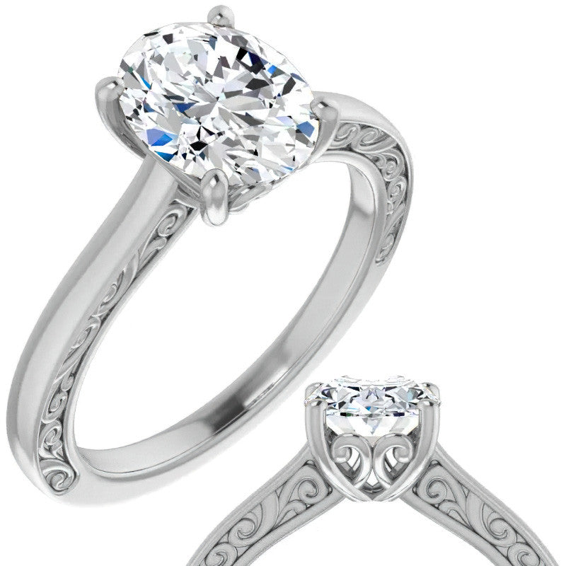 Oval Moissanite Scroll Accented Engagement Ring