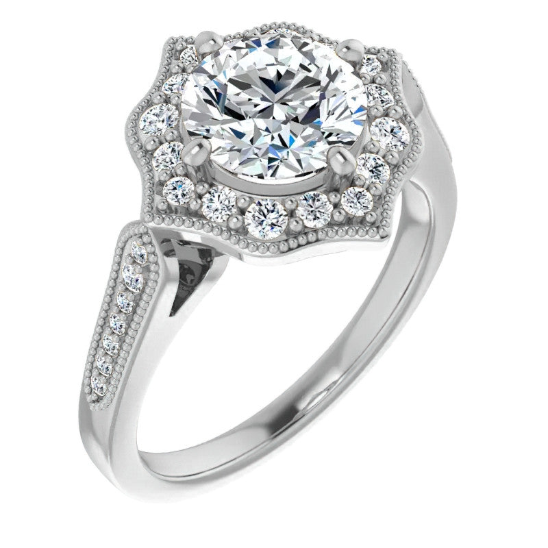 Round Antique Cathedral Halo Moissanite Engagement Ring