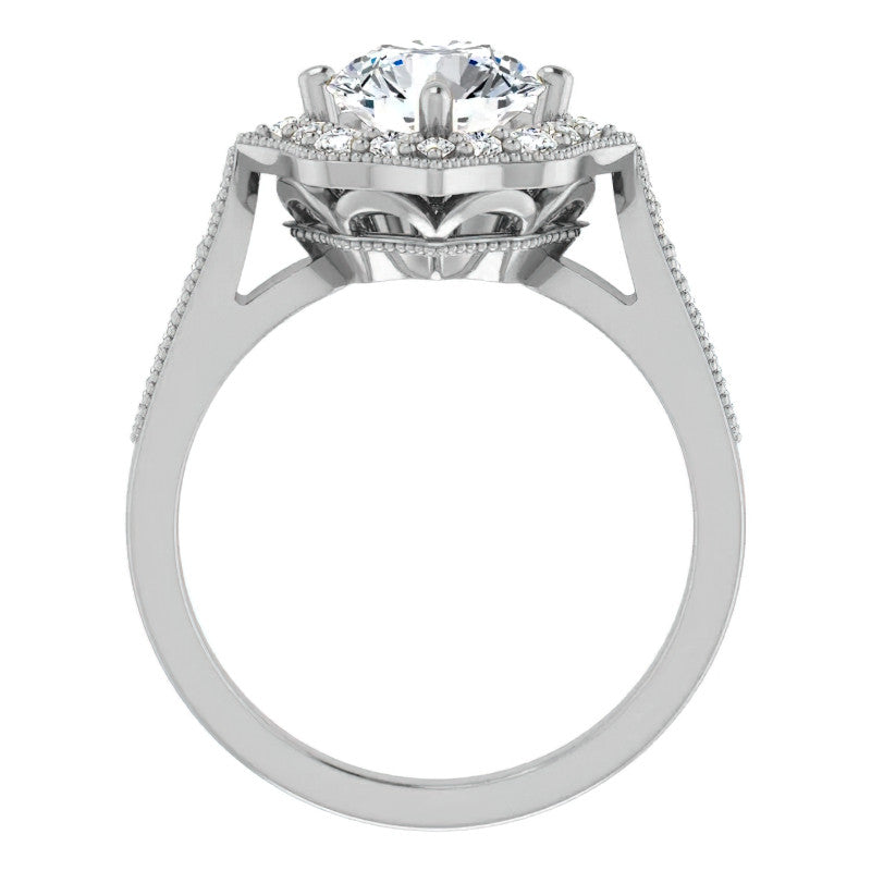 Round Antique Cathedral Halo Moissanite Engagement Ring