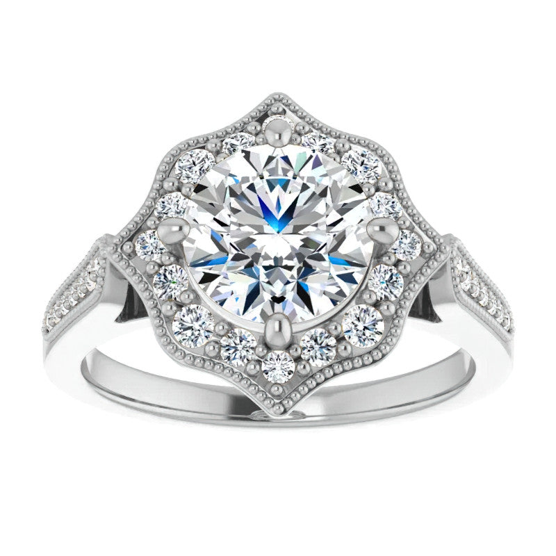Round Antique Cathedral Halo Moissanite Engagement Ring