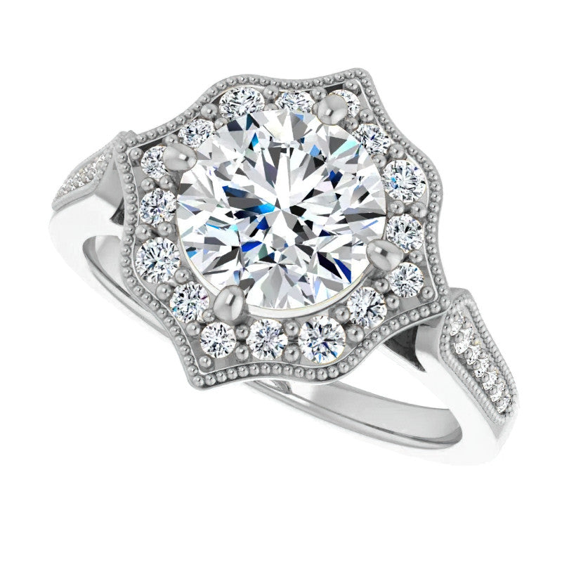 Round Antique Cathedral Halo Moissanite Engagement Ring
