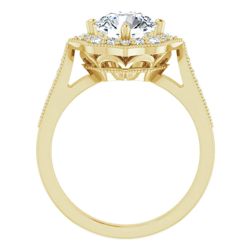 Round Antique Cathedral Halo Moissanite Engagement Ring