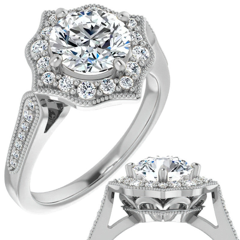 Round Antique Cathedral Halo Moissanite Engagement Ring