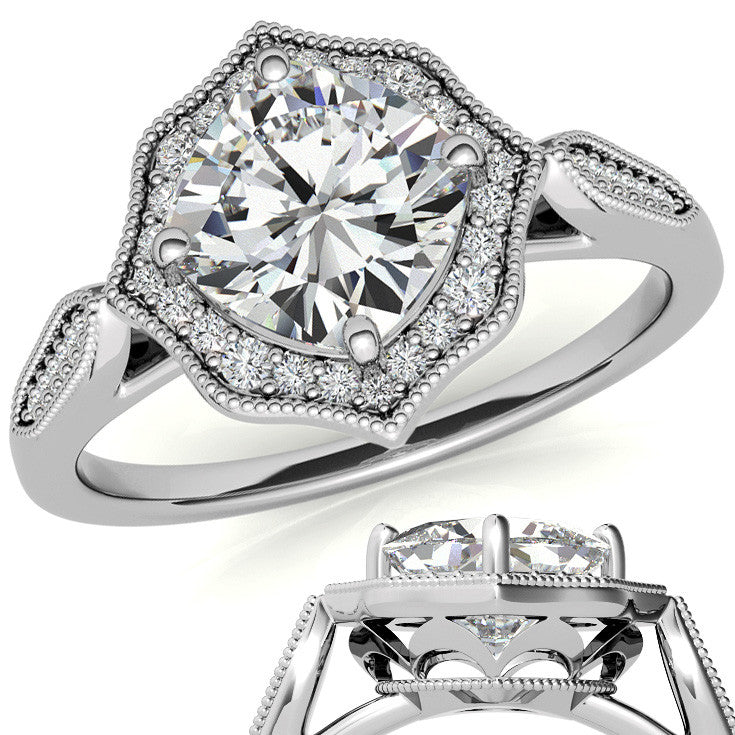 Cushion Moissanite Antique Cathedral Halo Engagement Ring