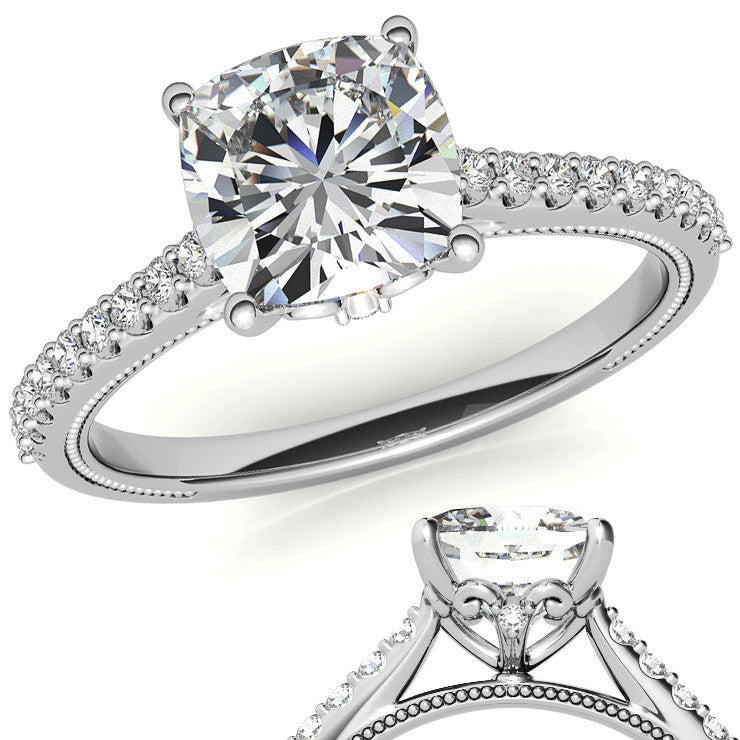 Cushion Moissanite Vintage Engagement Ring with Milgrain