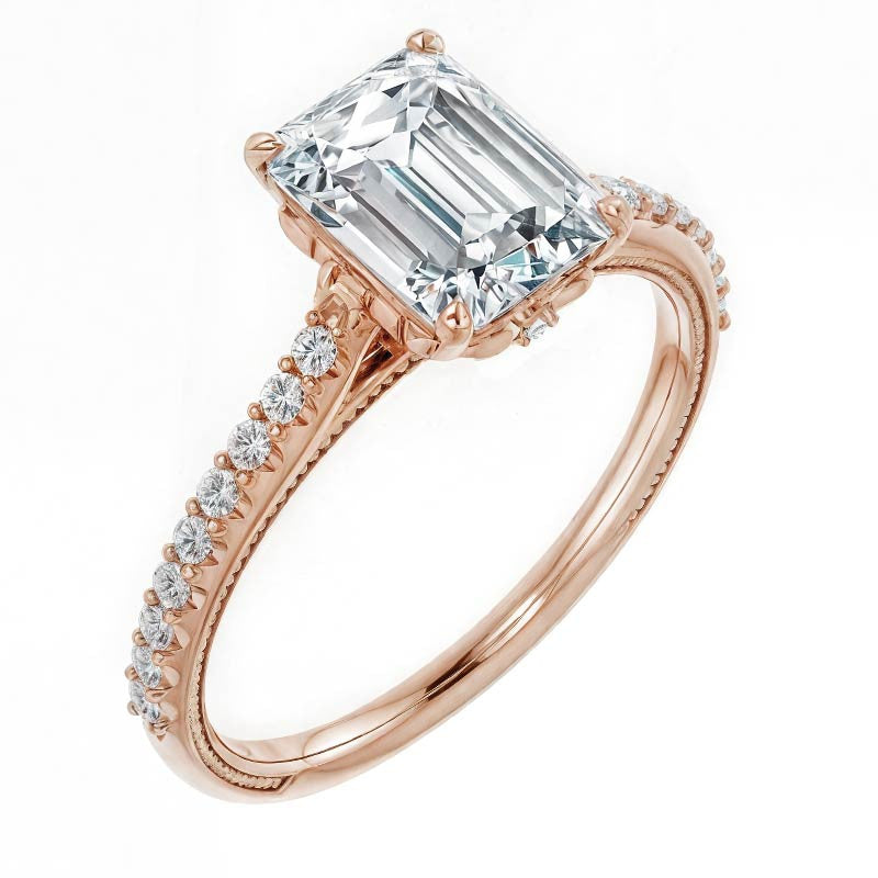 Emerald / Radiant Vintage Engagement Ring with Milgrain