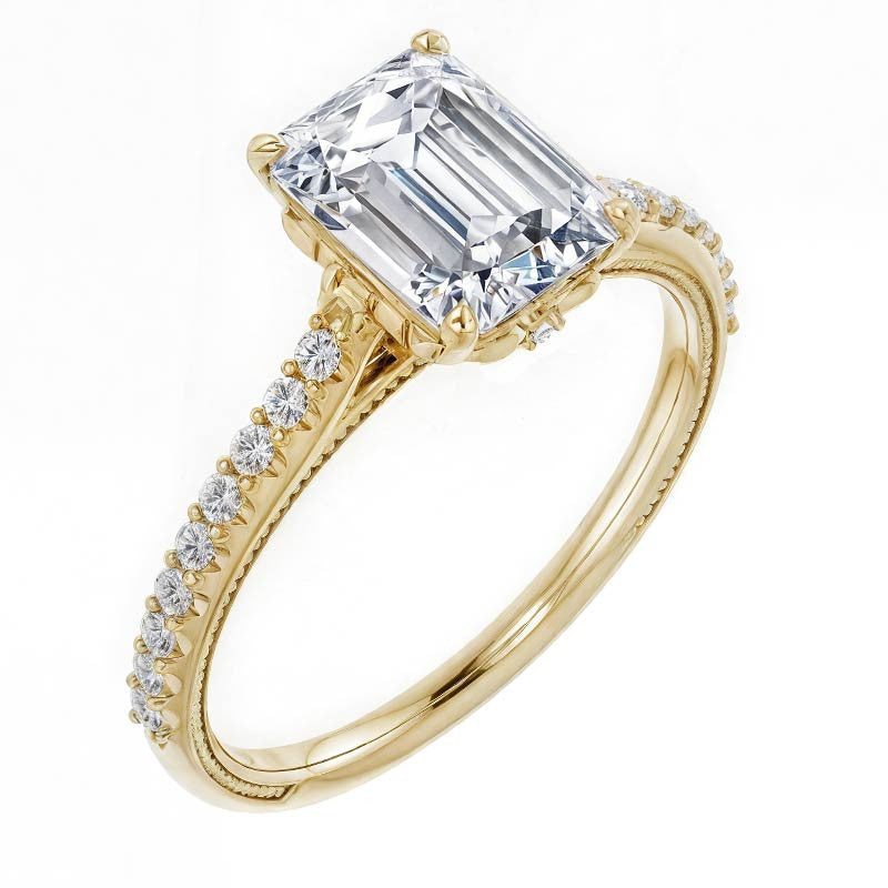 Emerald / Radiant Vintage Engagement Ring with Milgrain